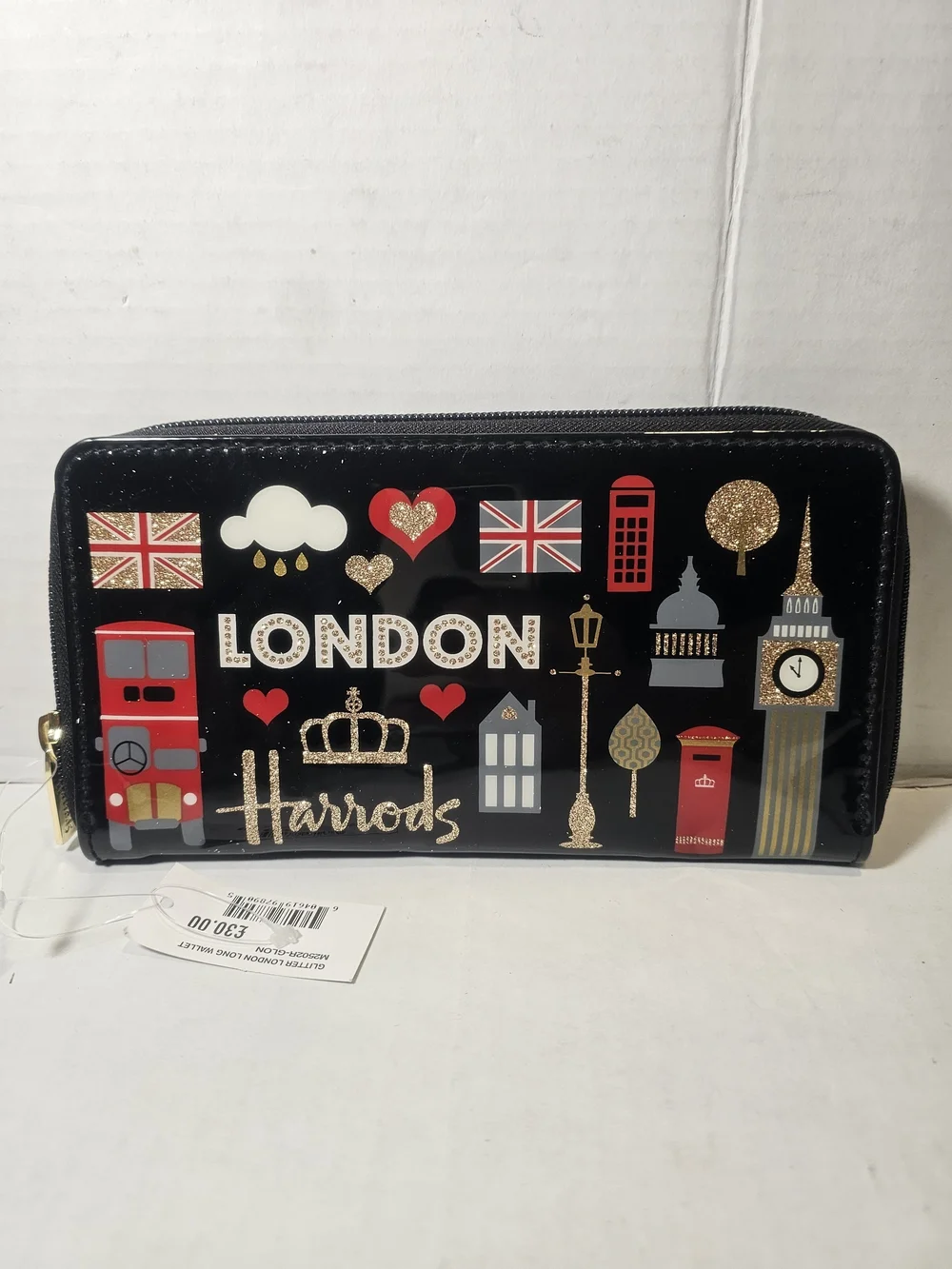 Harrods London Icons Zip Around Wallet Black Patent Glitter Souvenir Clutch